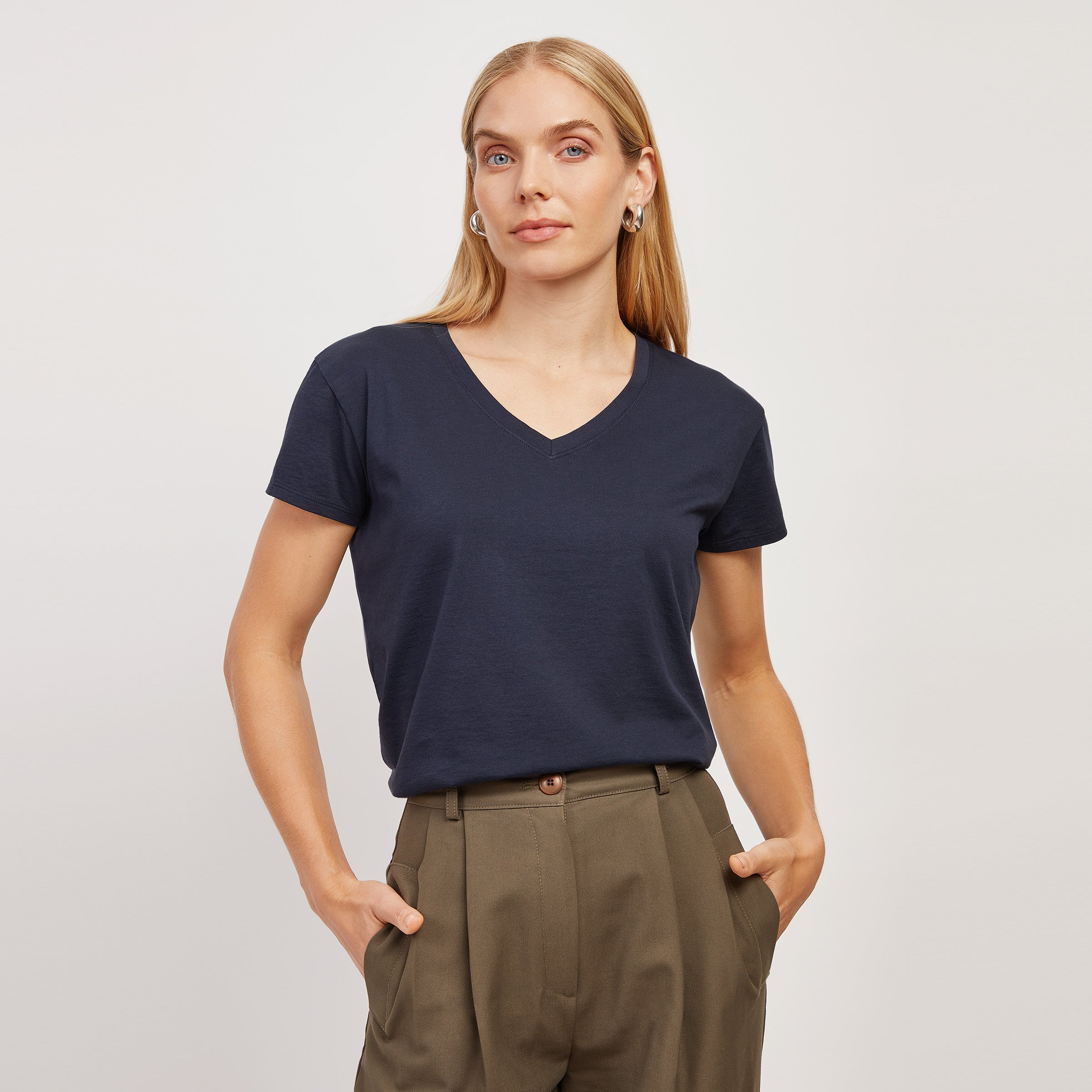 Women wearing Navy The Cotton Relaxed V-Neck Tee