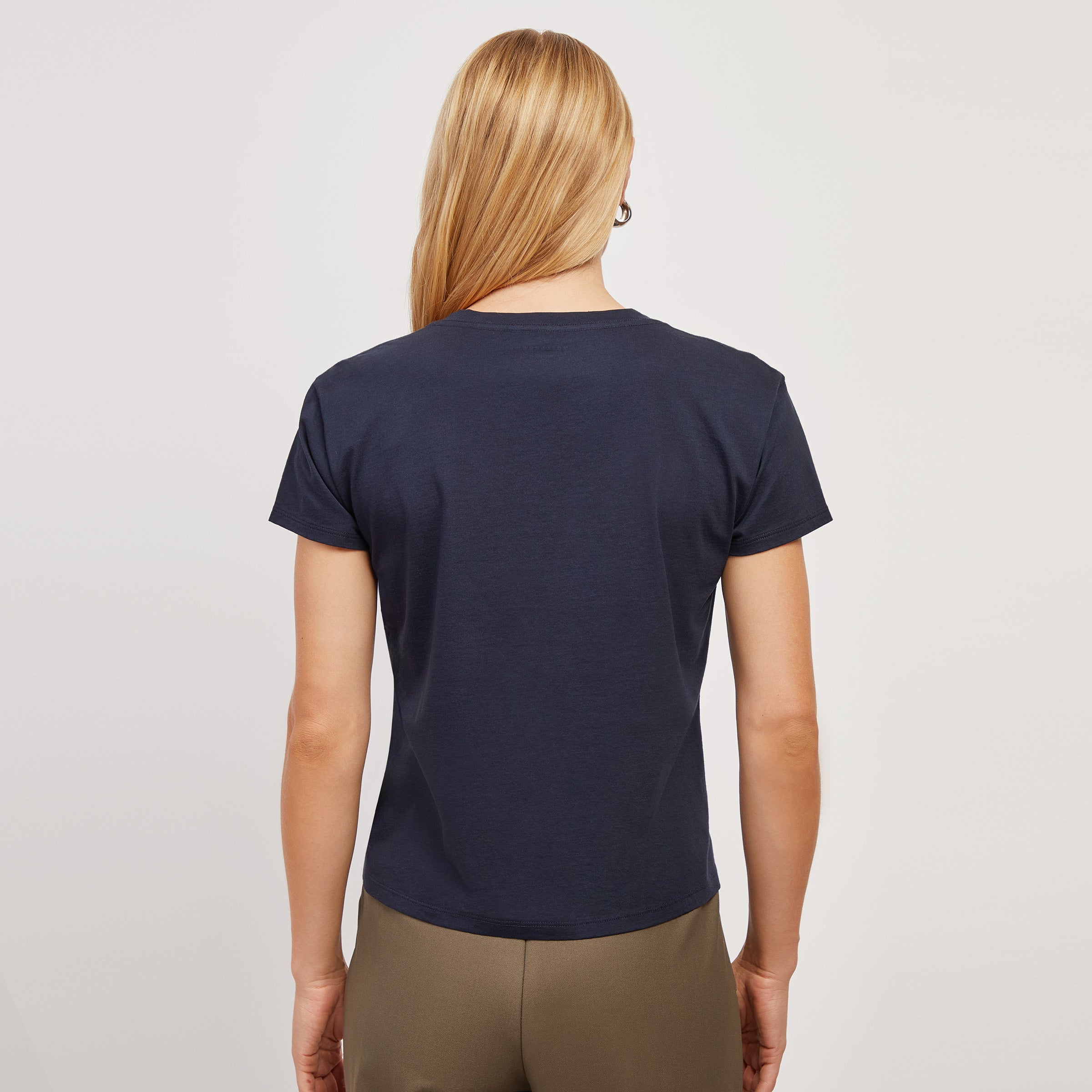 Women wearing Navy The Cotton Relaxed V-Neck Tee