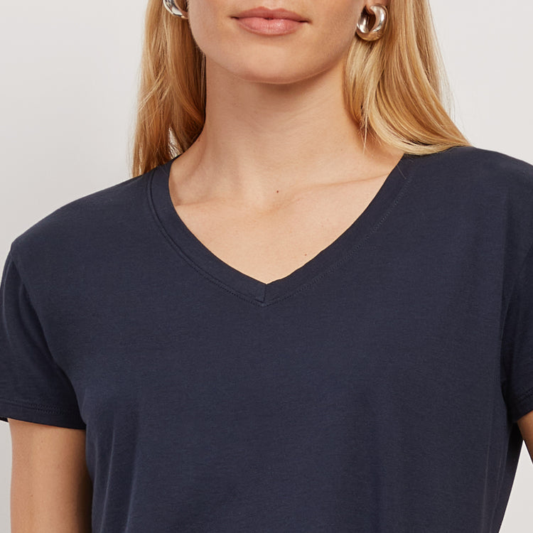 Women wearing Navy The Cotton Relaxed V-Neck Tee