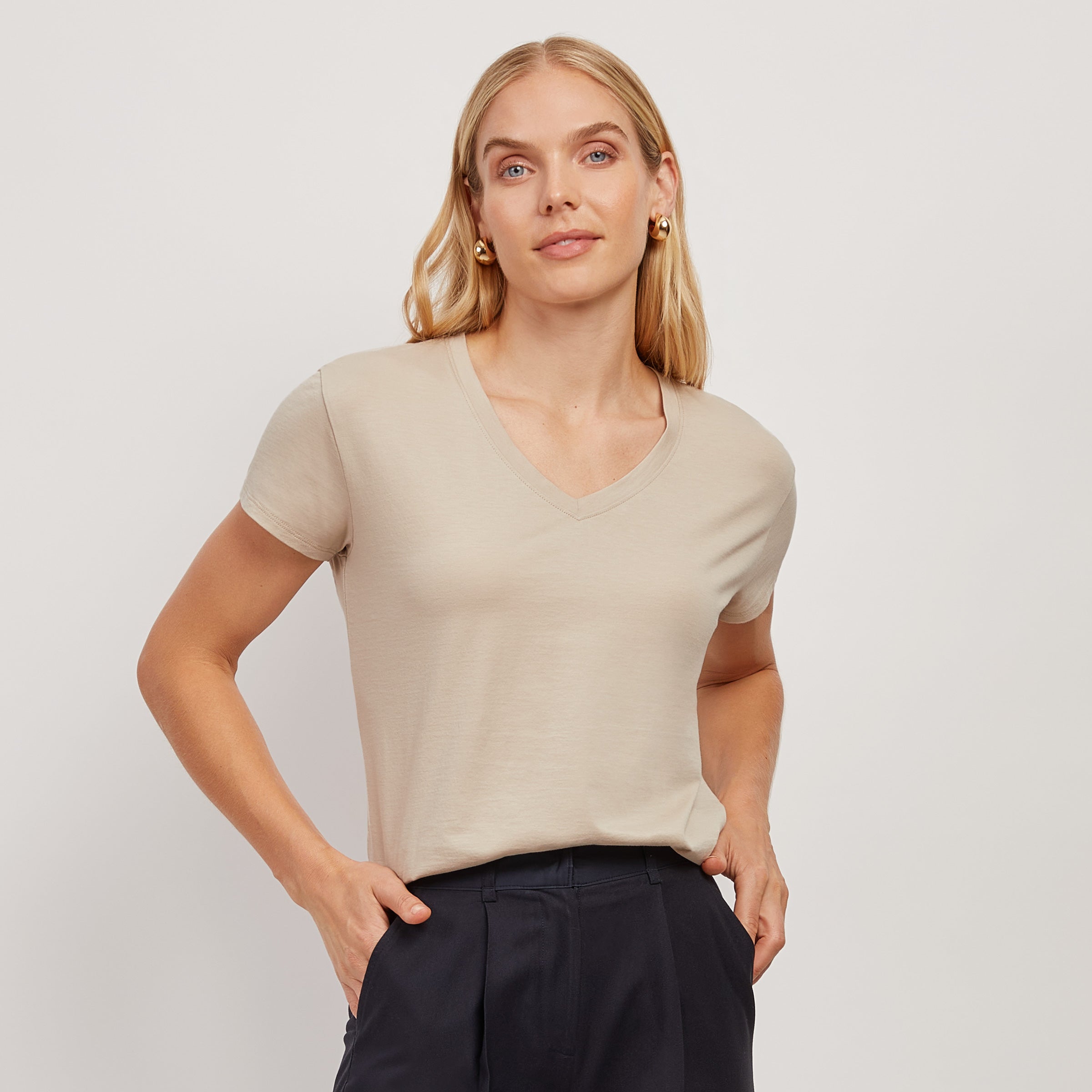 Women wearing Oat Cotton Relaxed V-Neck Tee