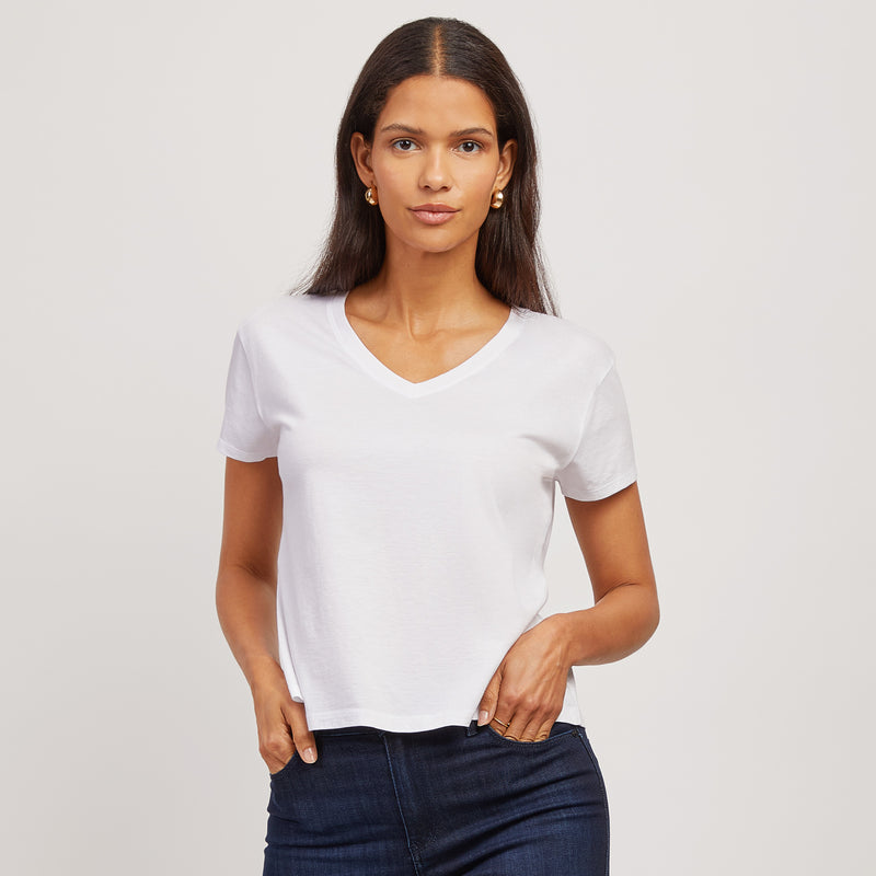 Women wearing White The Cotton Relaxed V-Neck Tee