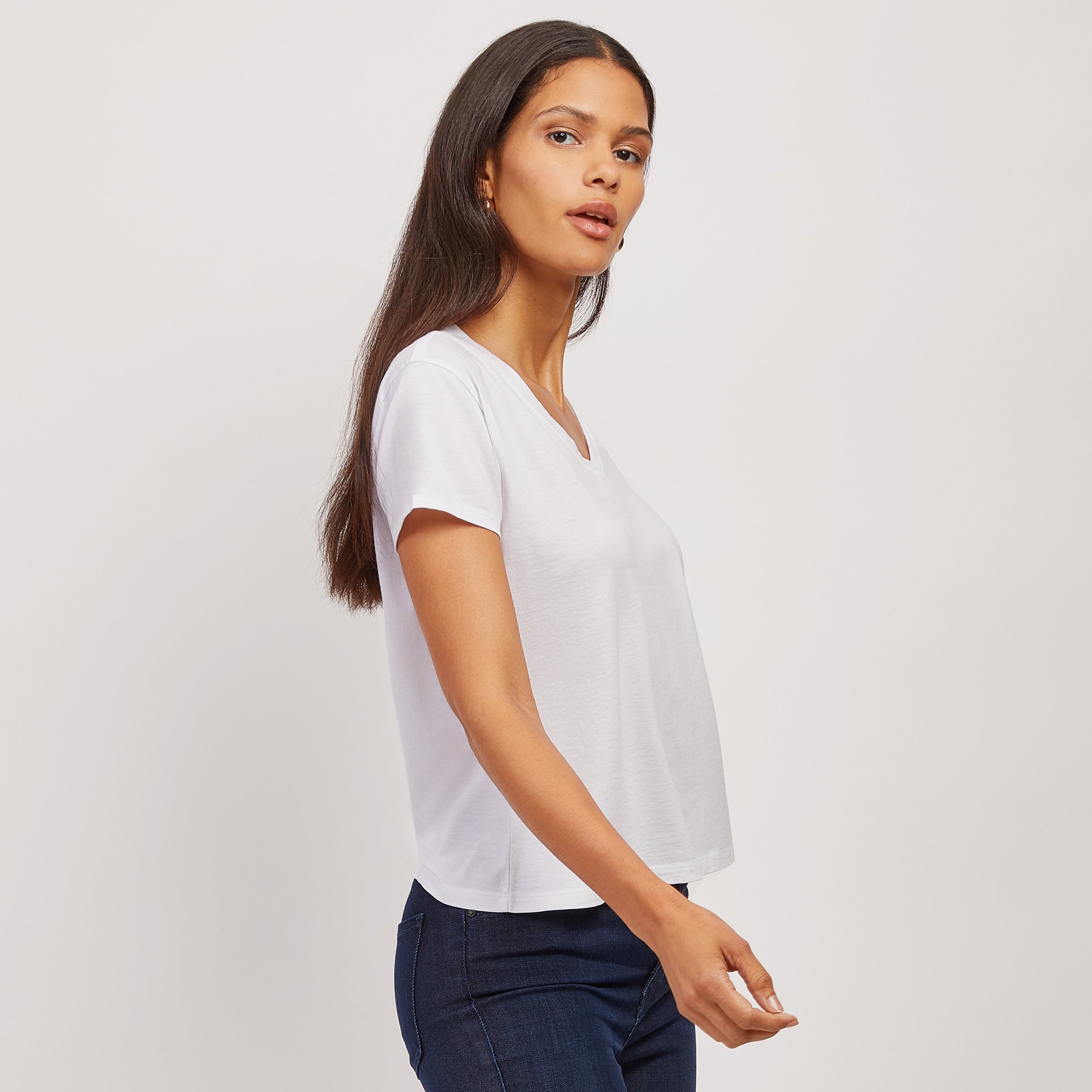 Women wearing White The Cotton Relaxed V-Neck Tee