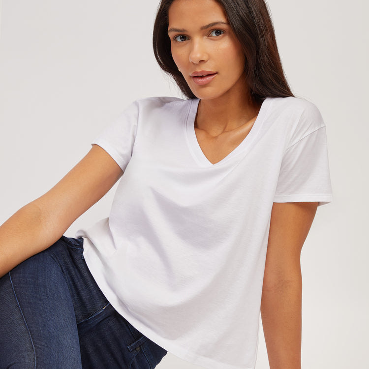 Women wearing White The Cotton Relaxed V-Neck Tee