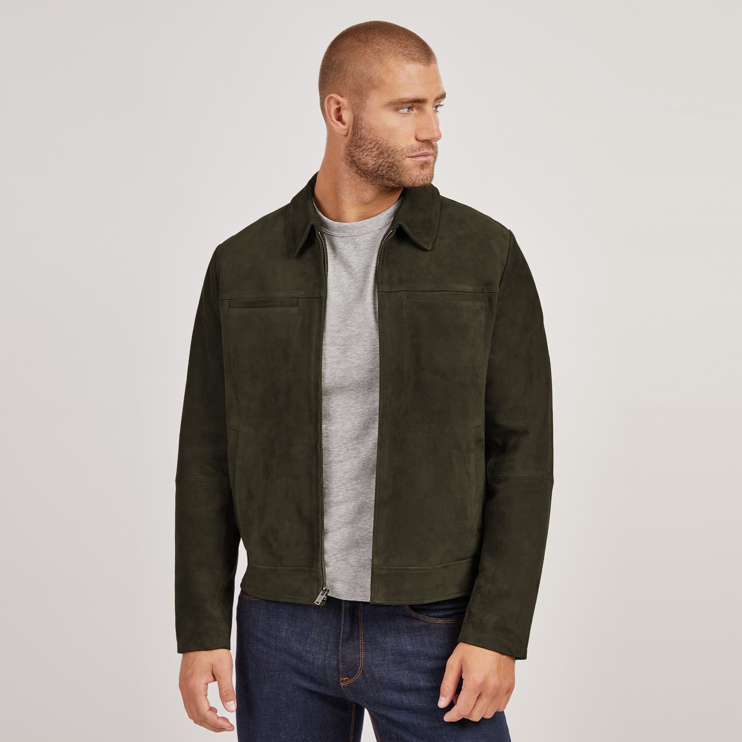 Men wearing Dark Olive Suede Trucker Jacket