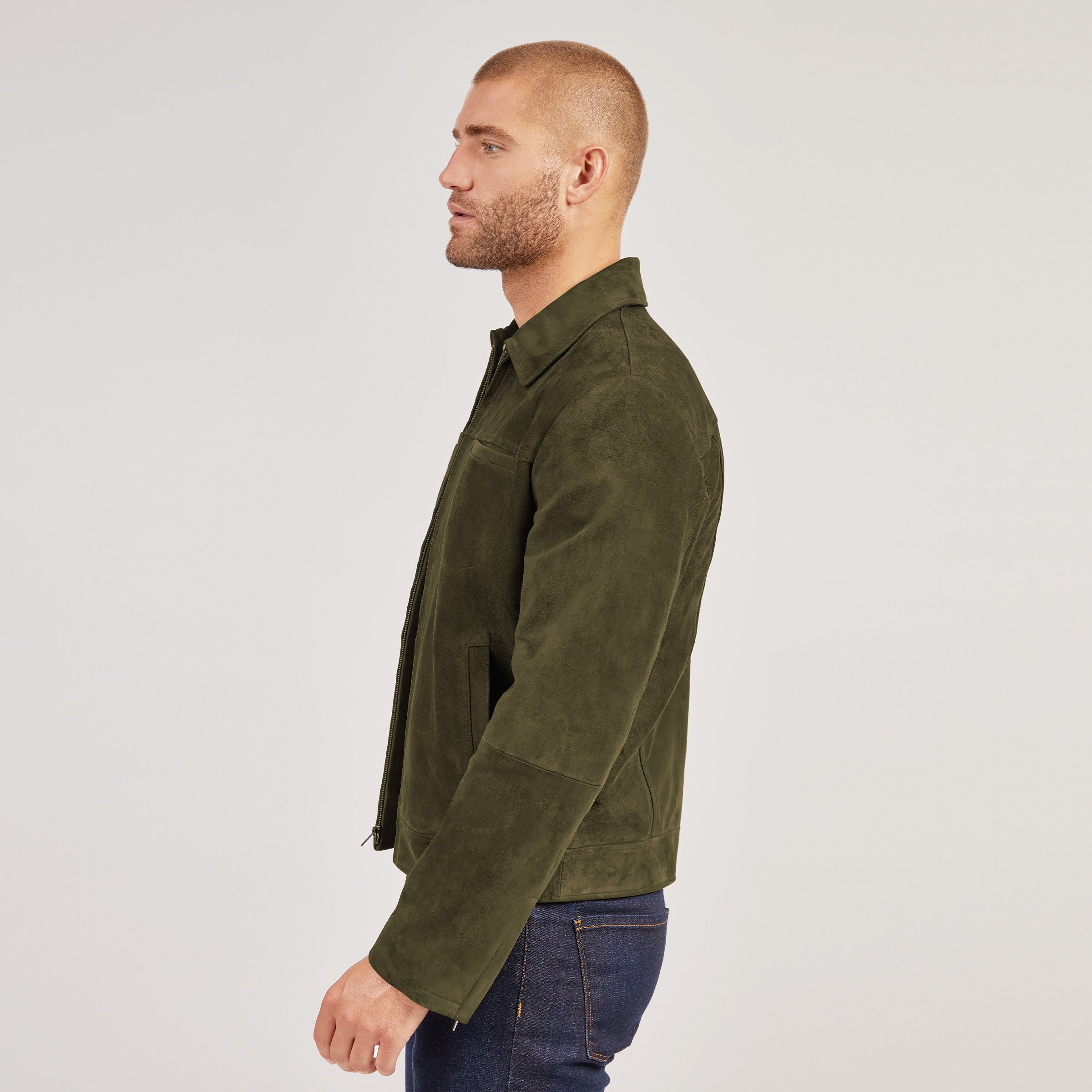 Men wearing Dark Olive Suede Trucker Jacket