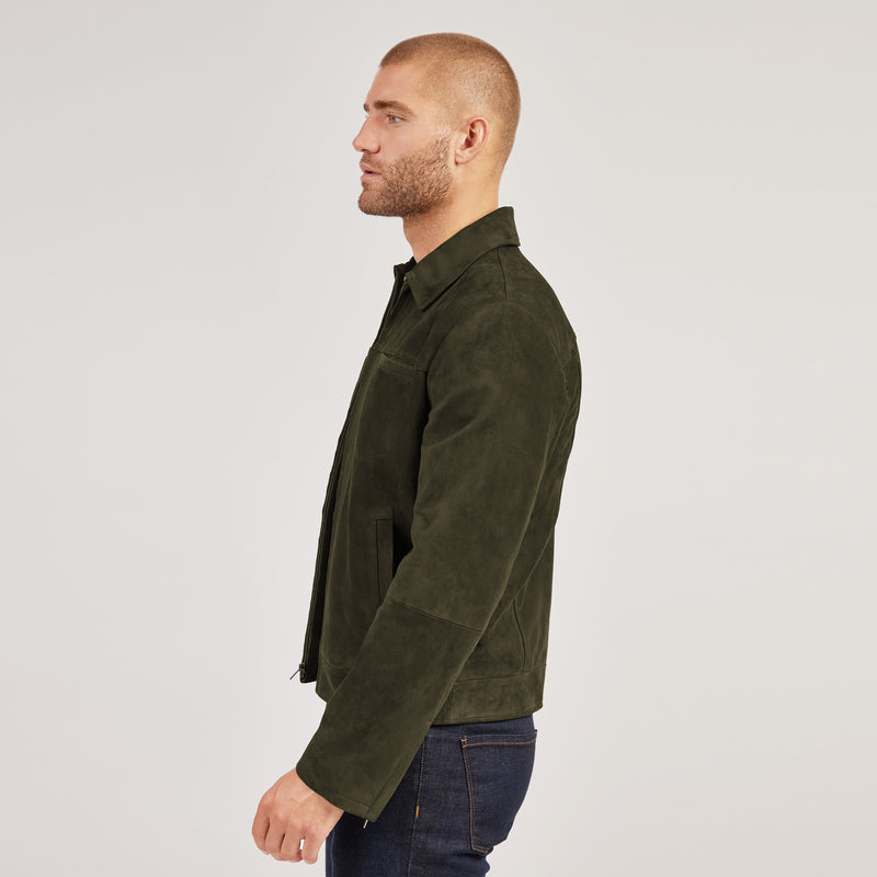 Men wearing Dark Olive Suede Trucker Jacket