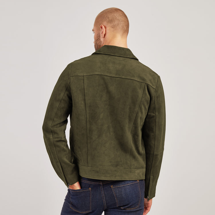 Men wearing Dark Olive Suede Trucker Jacket