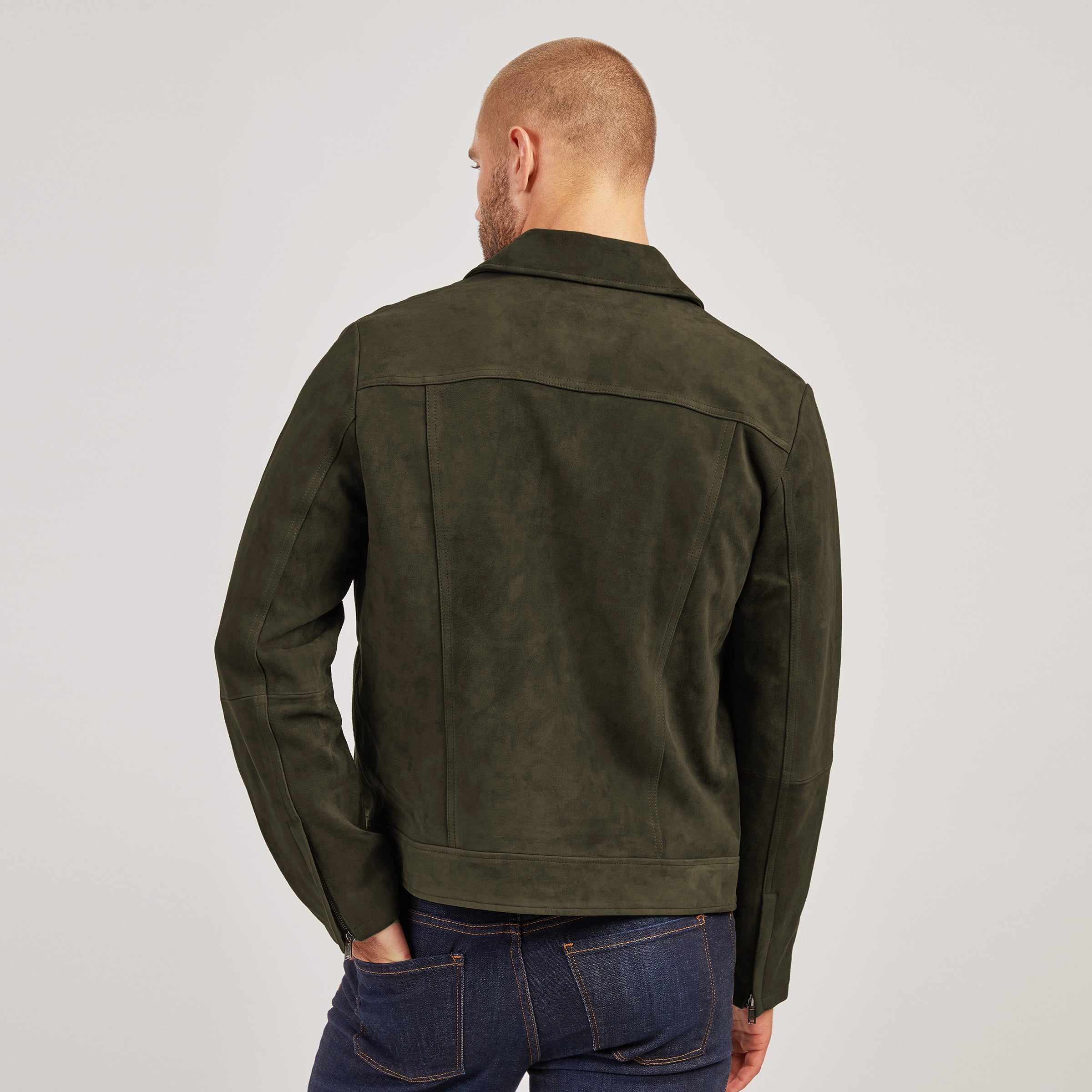 Men wearing Dark Olive Suede Trucker Jacket