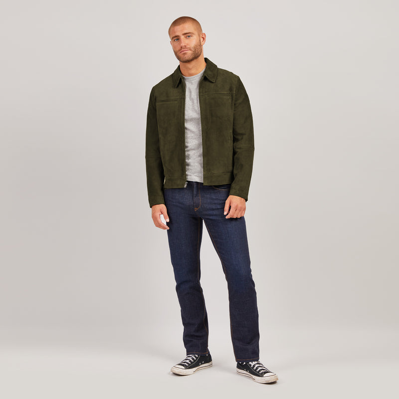 Men wearing Dark Olive Suede Trucker Jacket