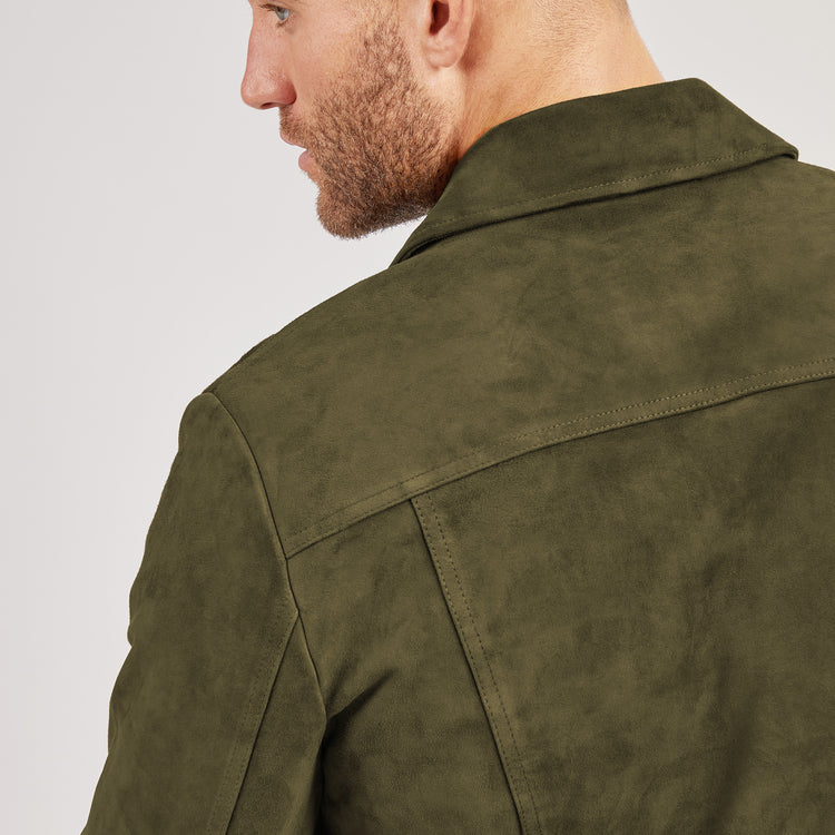 Men wearing Dark Olive Suede Trucker Jacket