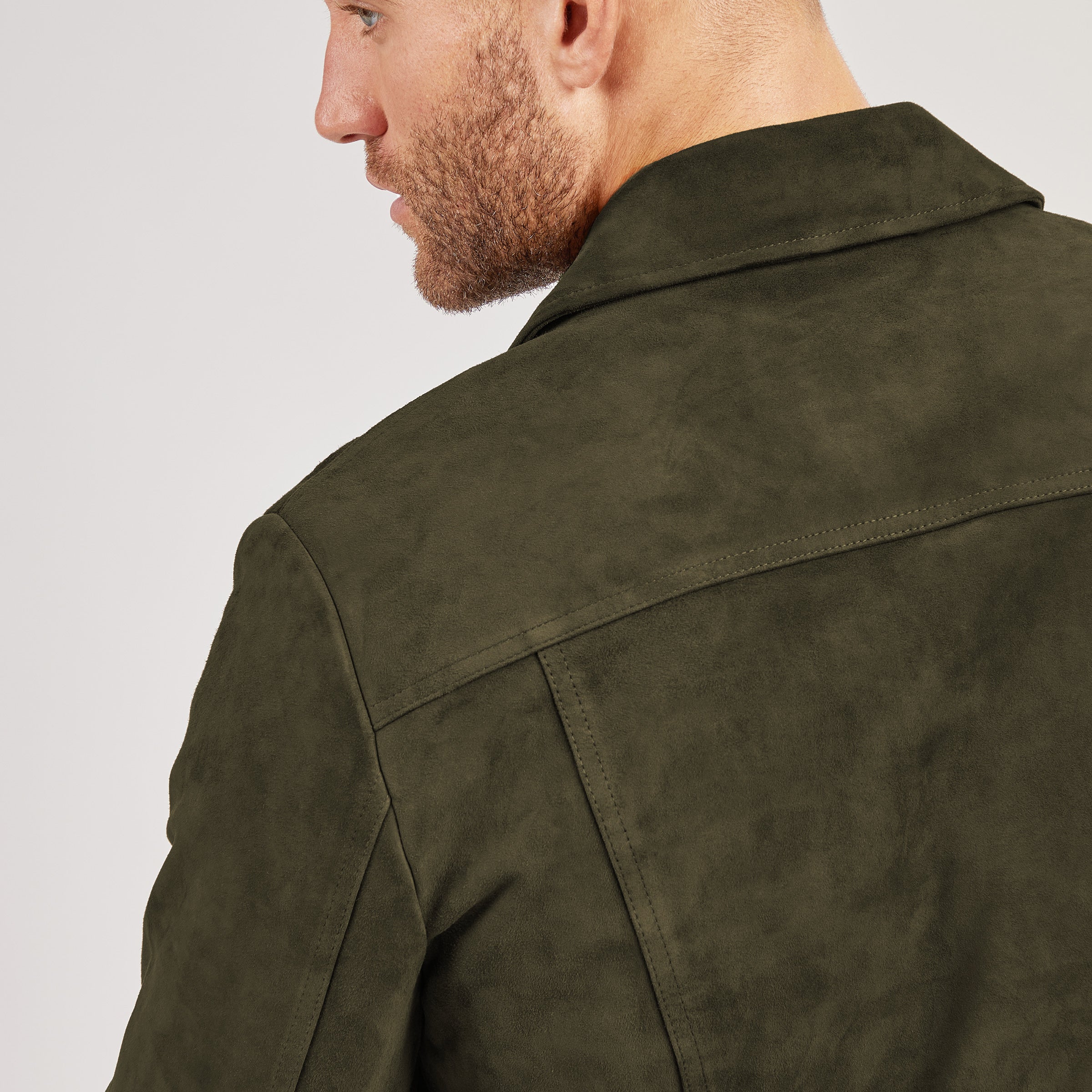 Men wearing Dark Olive Suede Trucker Jacket