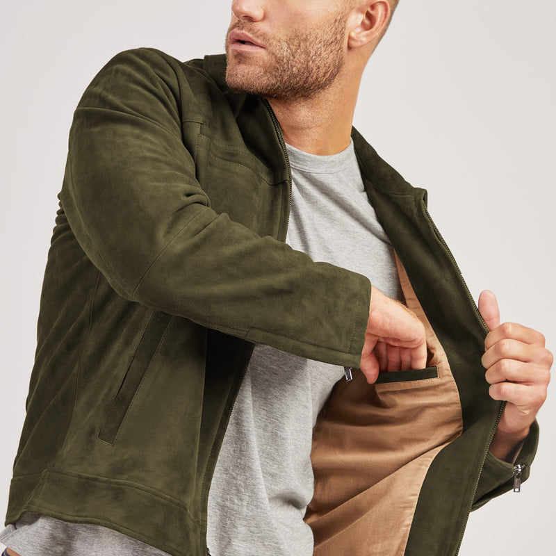 Men wearing Dark Olive Suede Trucker Jacket