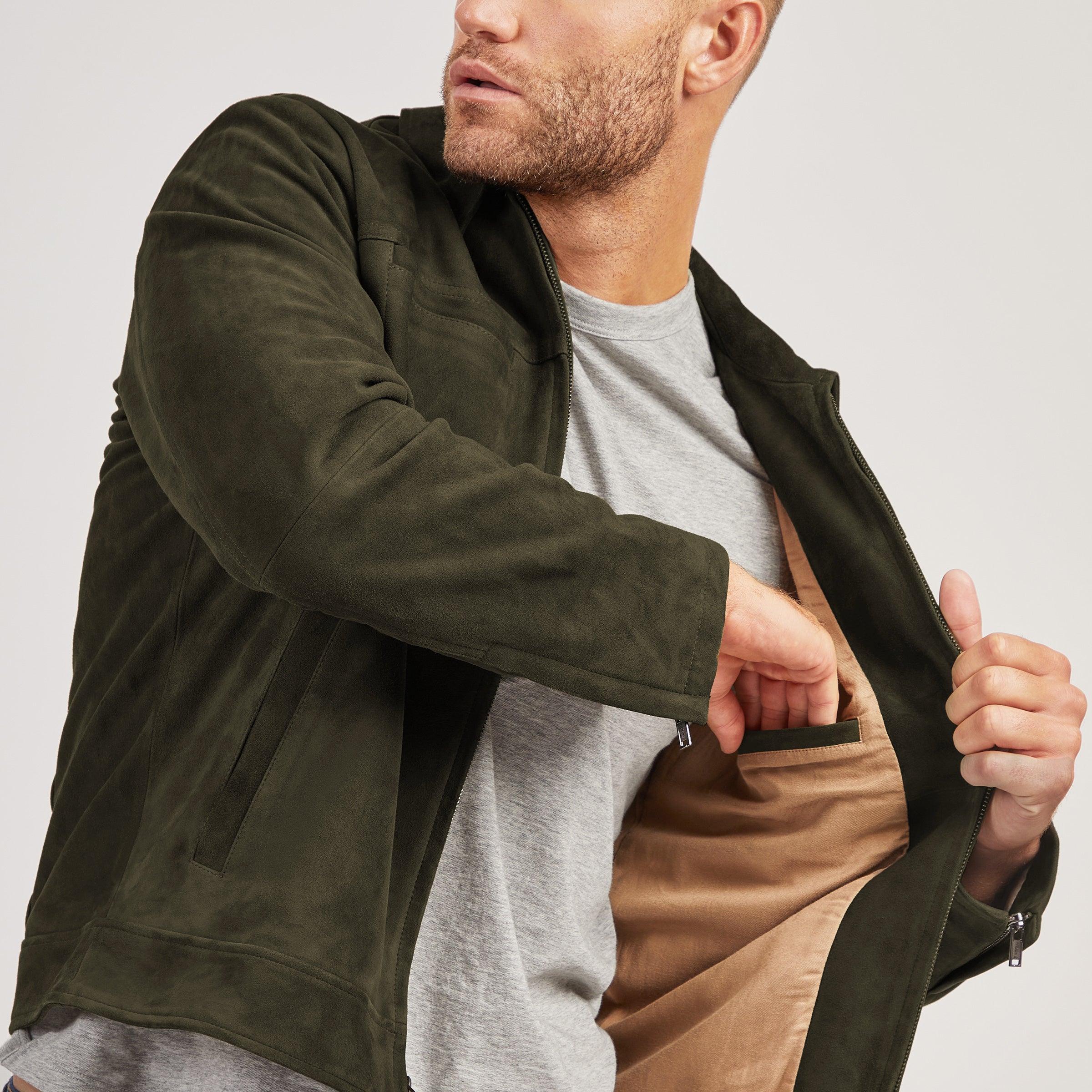 Men wearing Dark Olive Suede Trucker Jacket