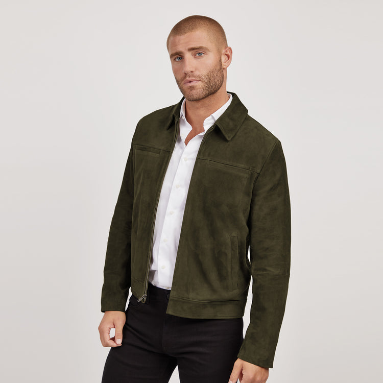 Men wearing Dark Olive Suede Trucker Jacket