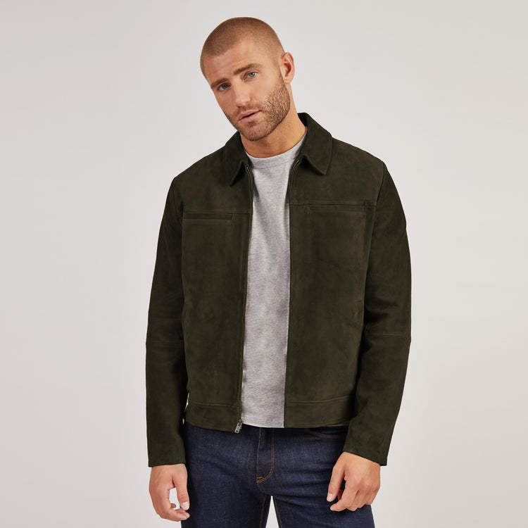 Men wearing Dark Olive Suede Trucker Jacket