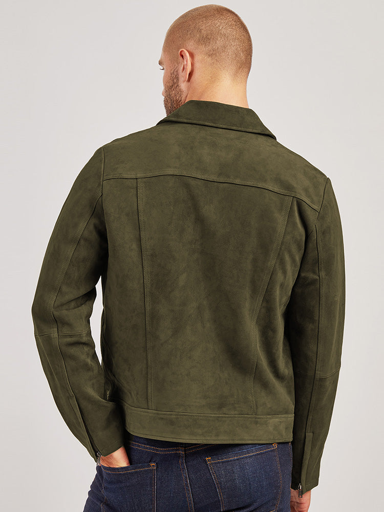 Men wearing Dark Olive Suede Trucker Jacket