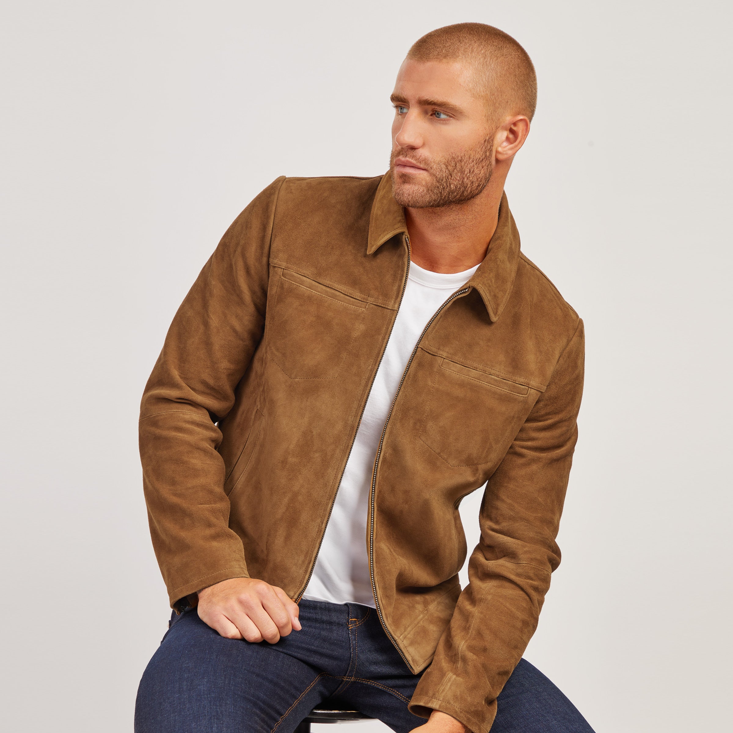 Men wearing Tobacco Suede Trucker Jacket