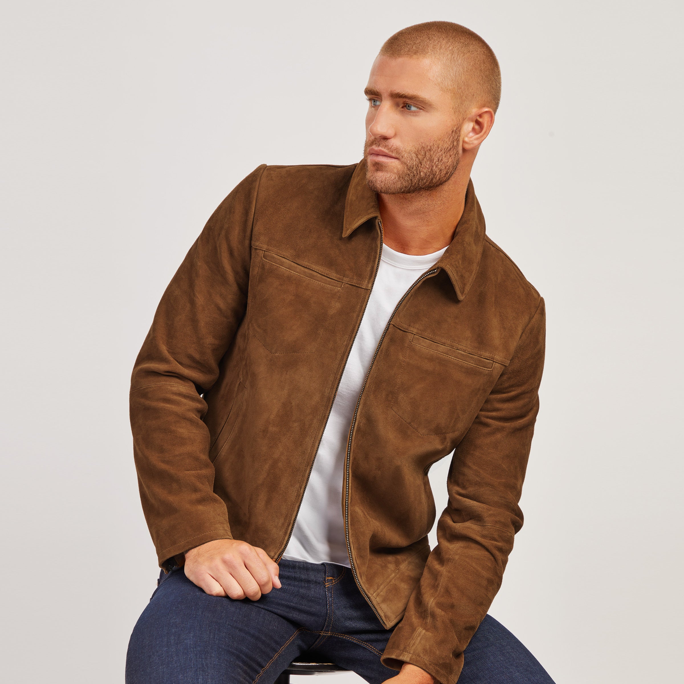 Men wearing Tobacco Suede Trucker Jacket