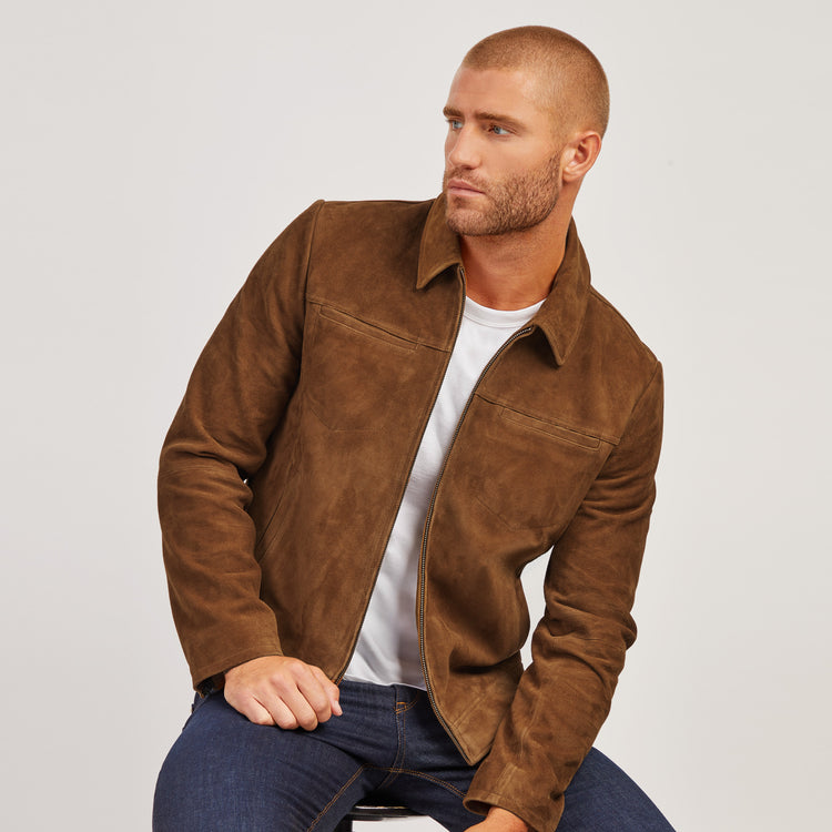 Men wearing Tobacco Suede Trucker Jacket