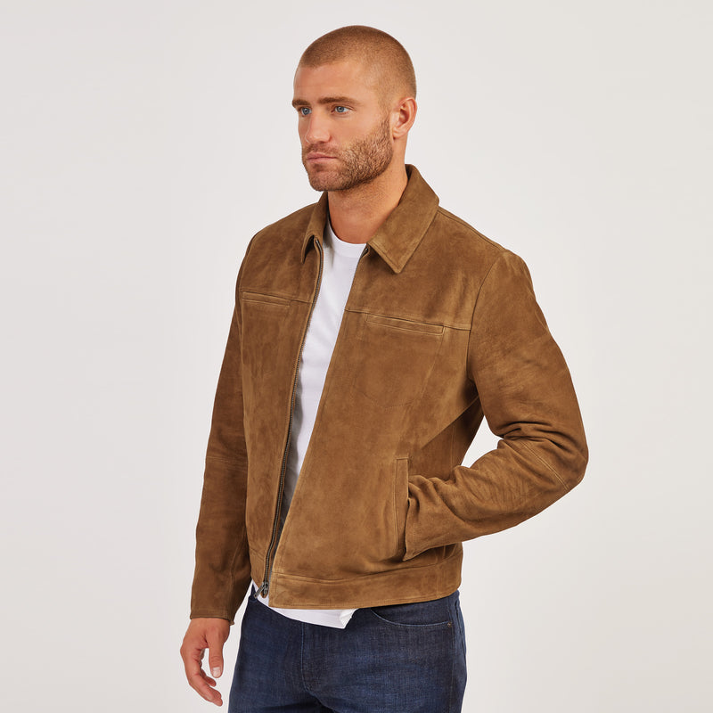 Men wearing Tobacco Suede Trucker Jacket