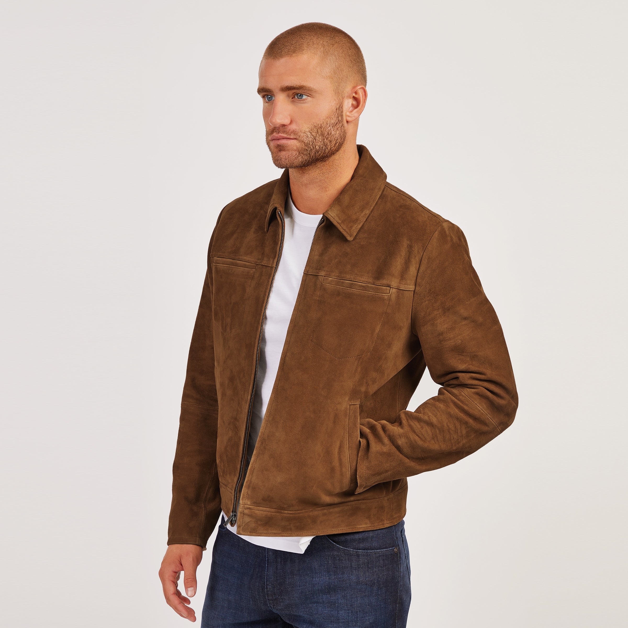 Men wearing Tobacco Suede Trucker Jacket