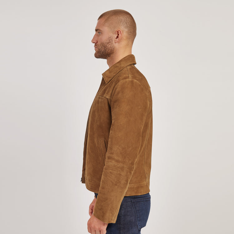 Men wearing Tobacco Suede Trucker Jacket