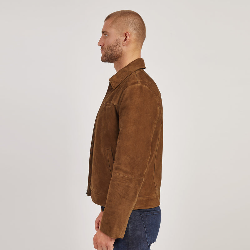 Men wearing Tobacco Suede Trucker Jacket