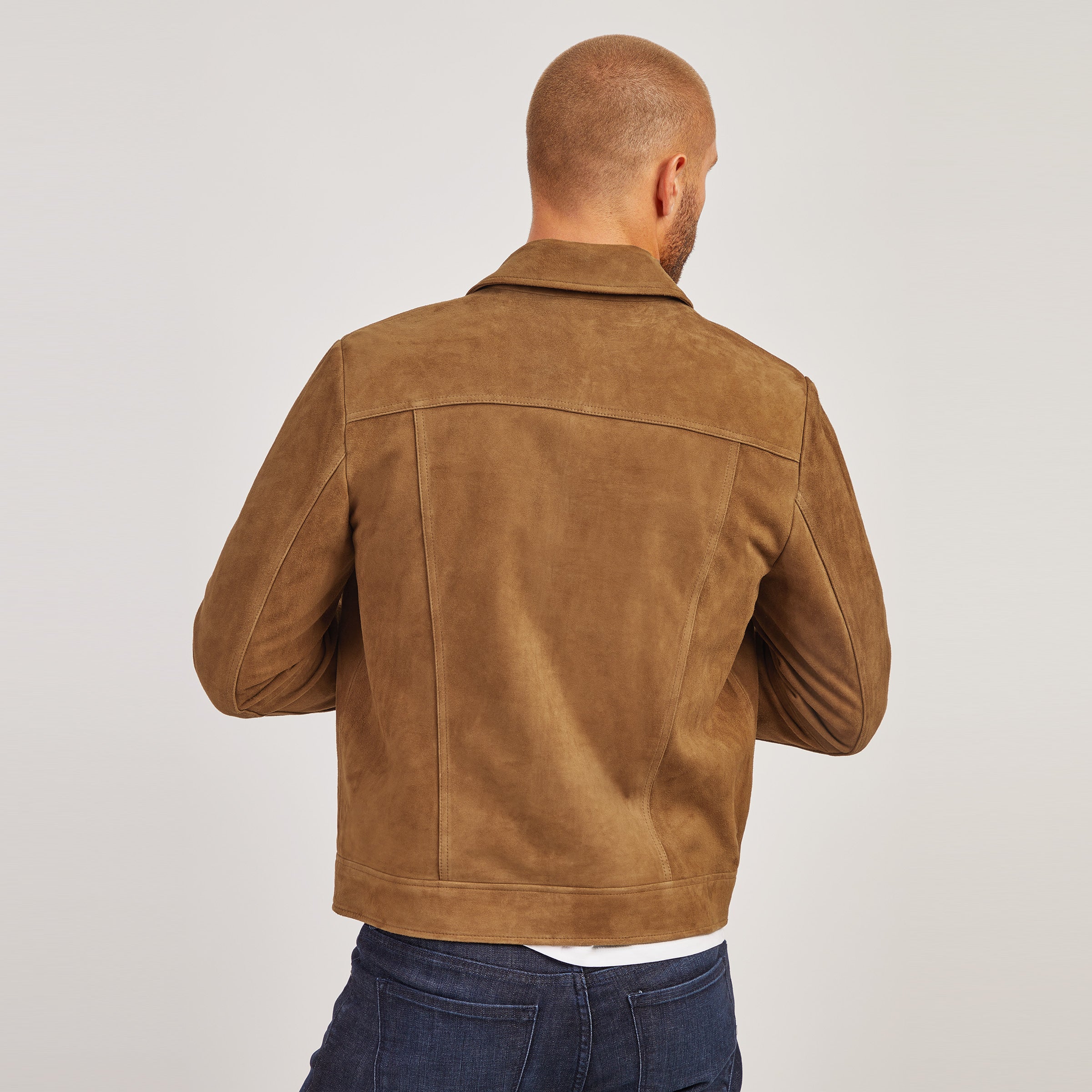 Men wearing Tobacco Suede Trucker Jacket