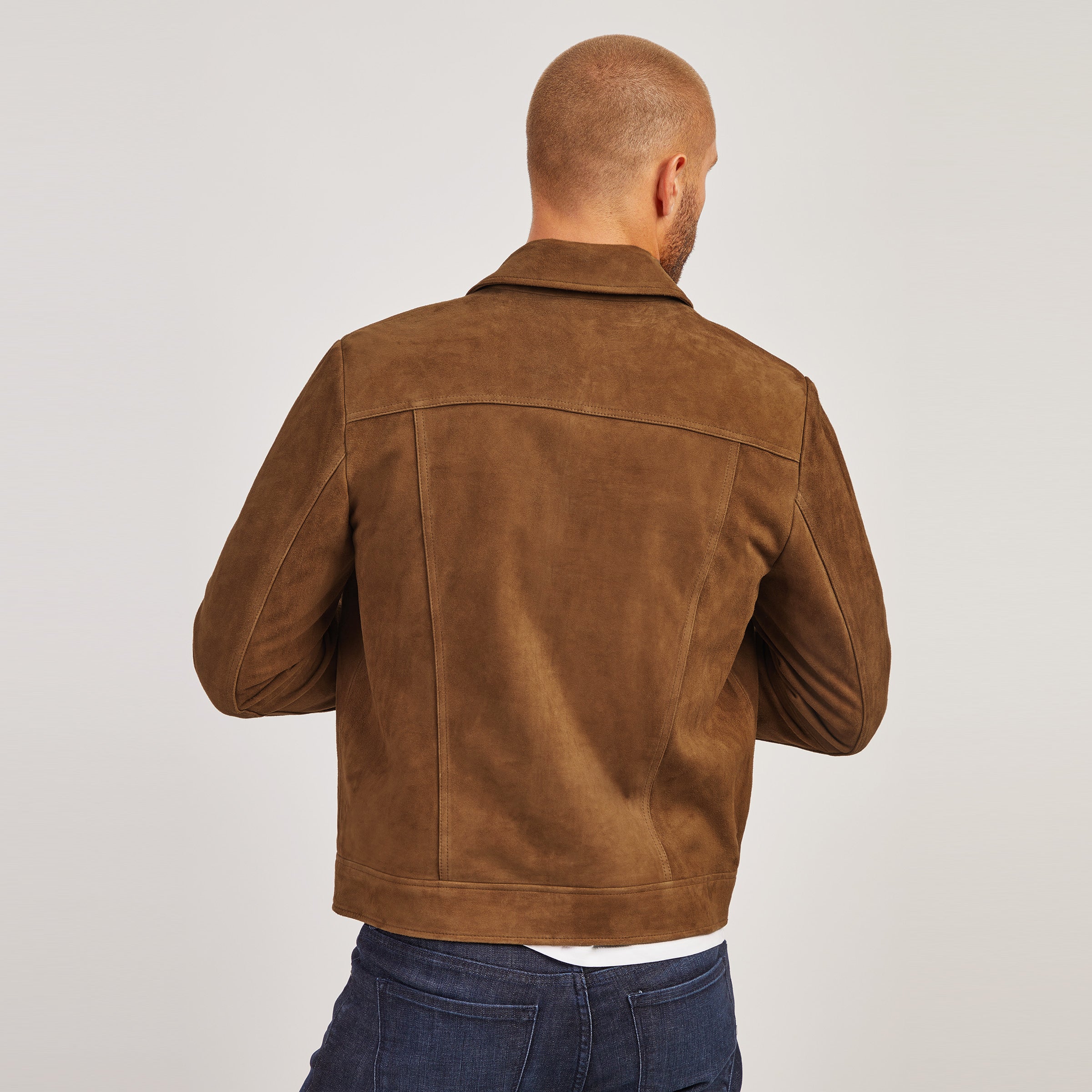 Men wearing Tobacco Suede Trucker Jacket