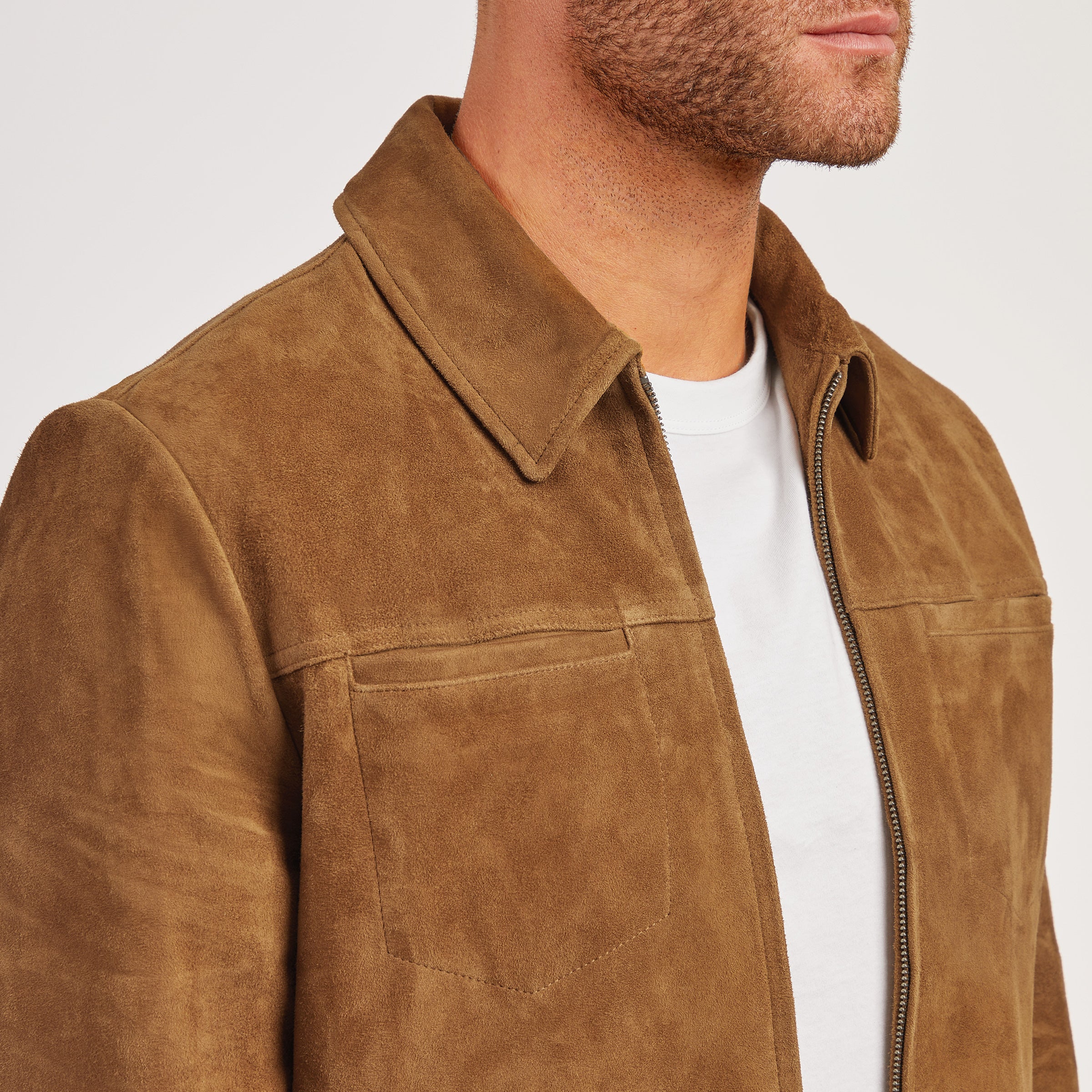 Men wearing Tobacco Suede Trucker Jacket