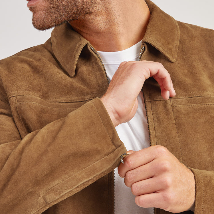 Men wearing Tobacco Suede Trucker Jacket