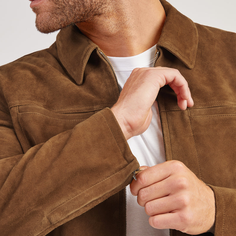 Men wearing Tobacco Suede Trucker Jacket