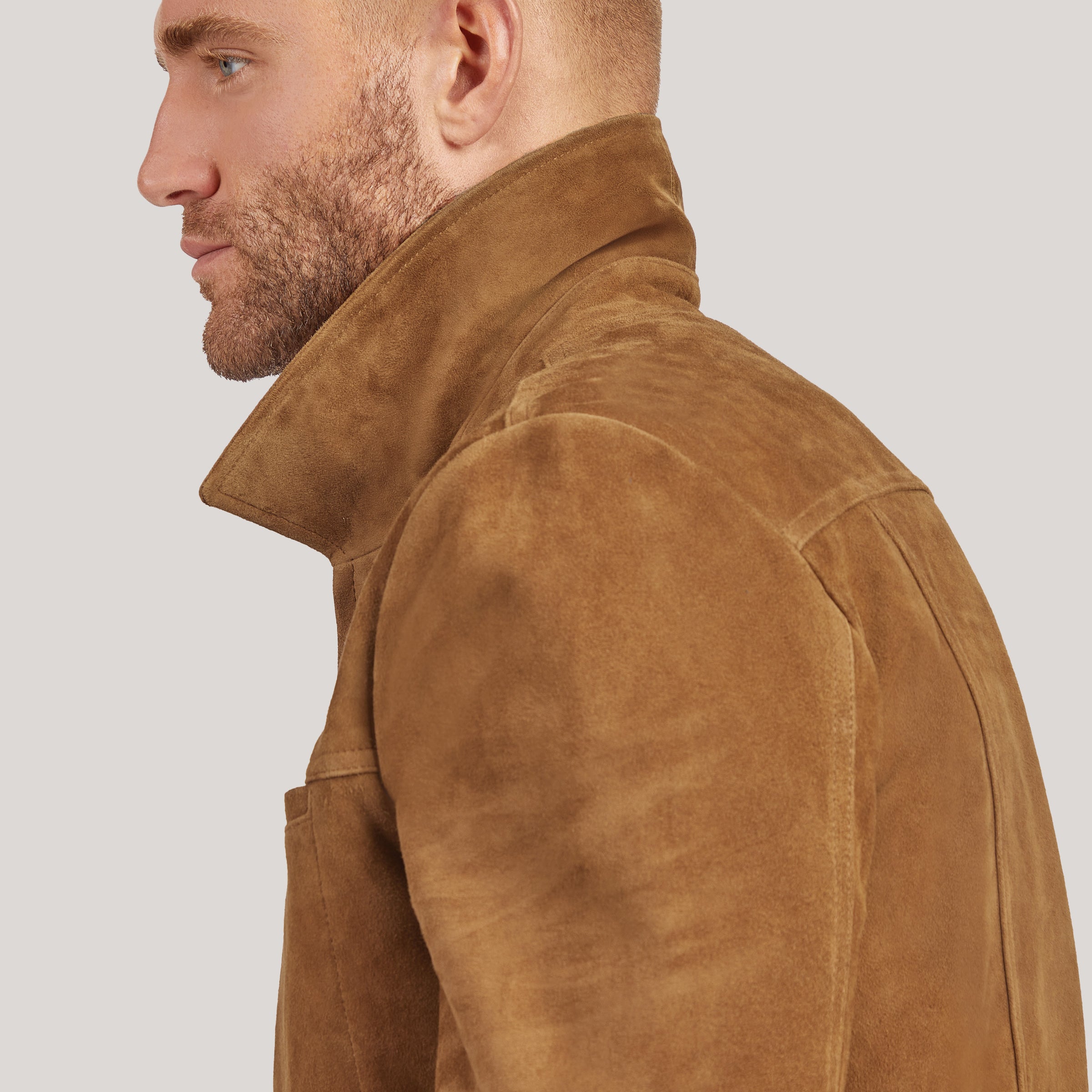 Men wearing Tobacco Suede Trucker Jacket