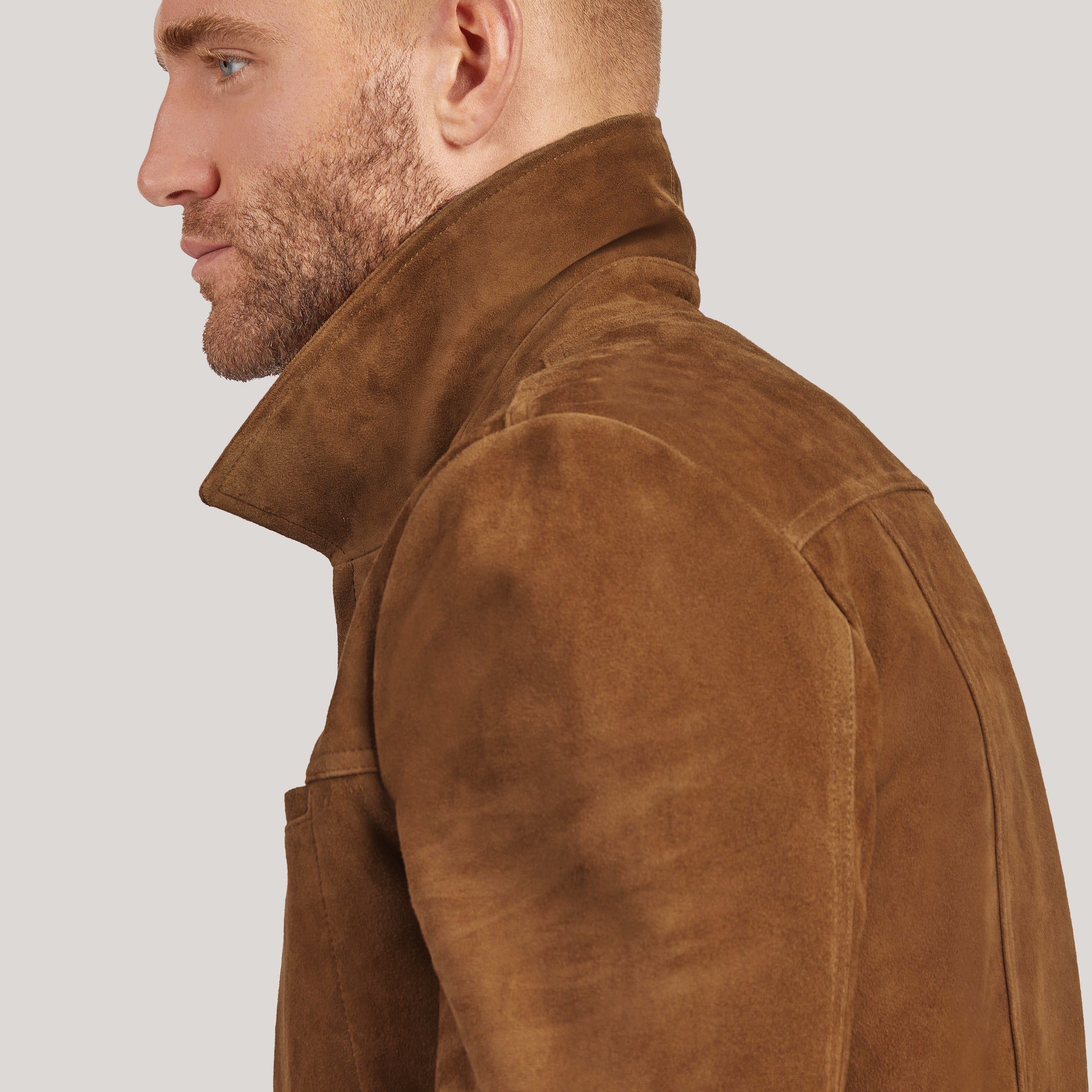 Men wearing Tobacco Suede Trucker Jacket