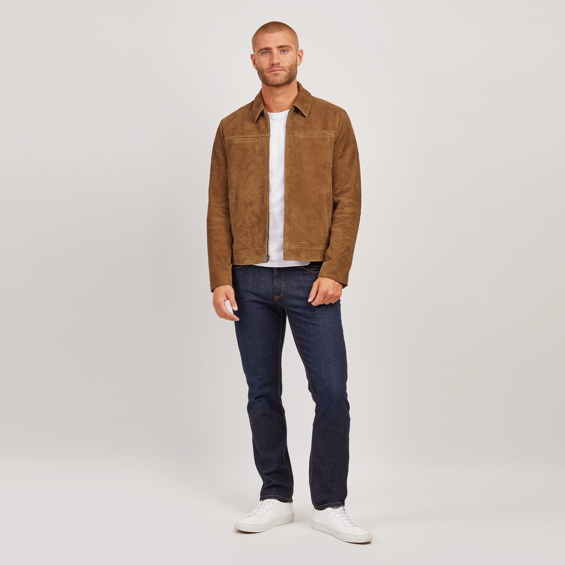 Men wearing Tobacco Suede Trucker Jacket