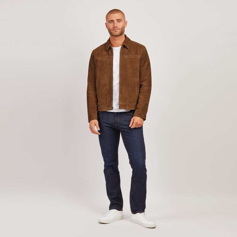 Men wearing Tobacco Suede Trucker Jacket