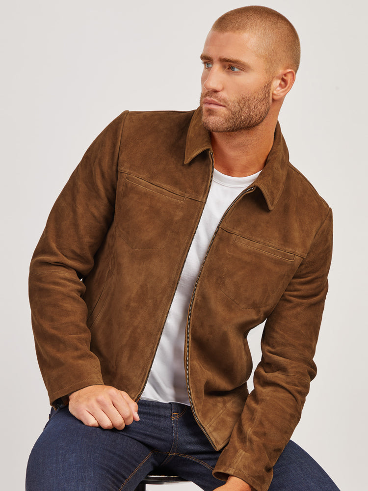 Men wearing Tobacco Suede Trucker Jacket