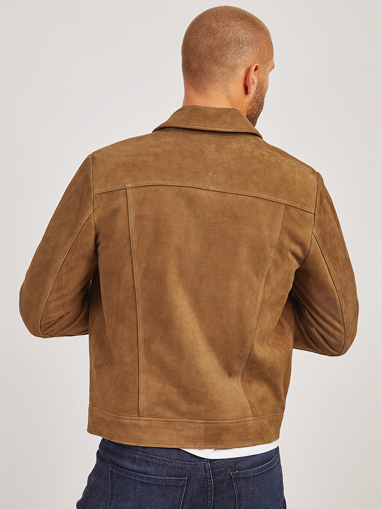 Men wearing Tobacco Suede Trucker Jacket