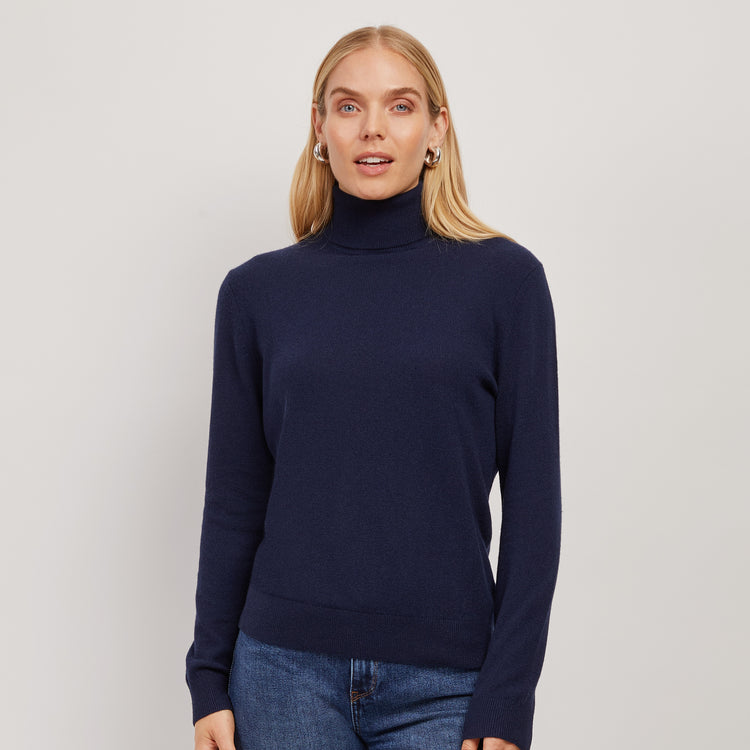 Women wearing Navy The Cashmere Turtleneck Willow Sweater