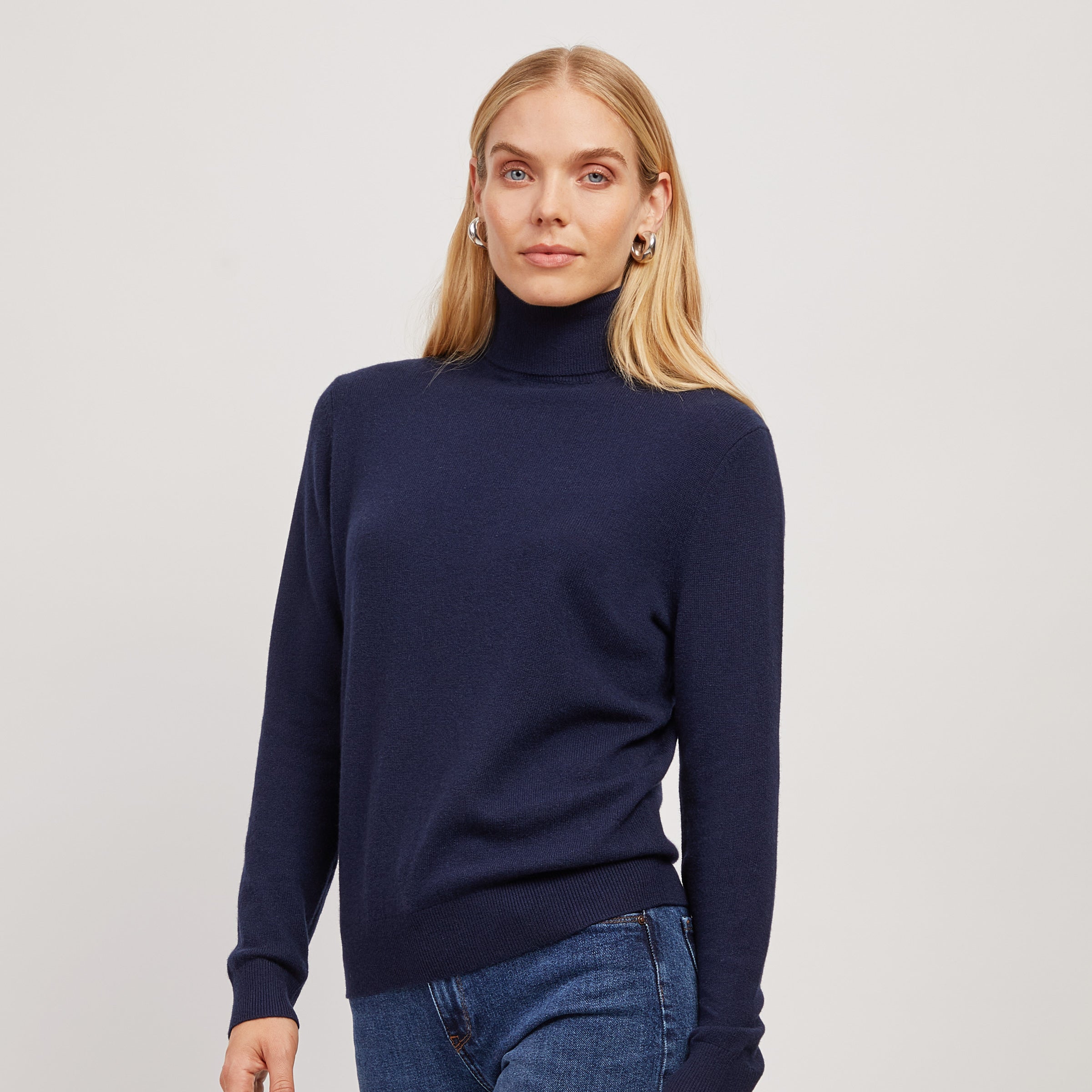 Women wearing Navy The Cashmere Turtleneck Willow Sweater