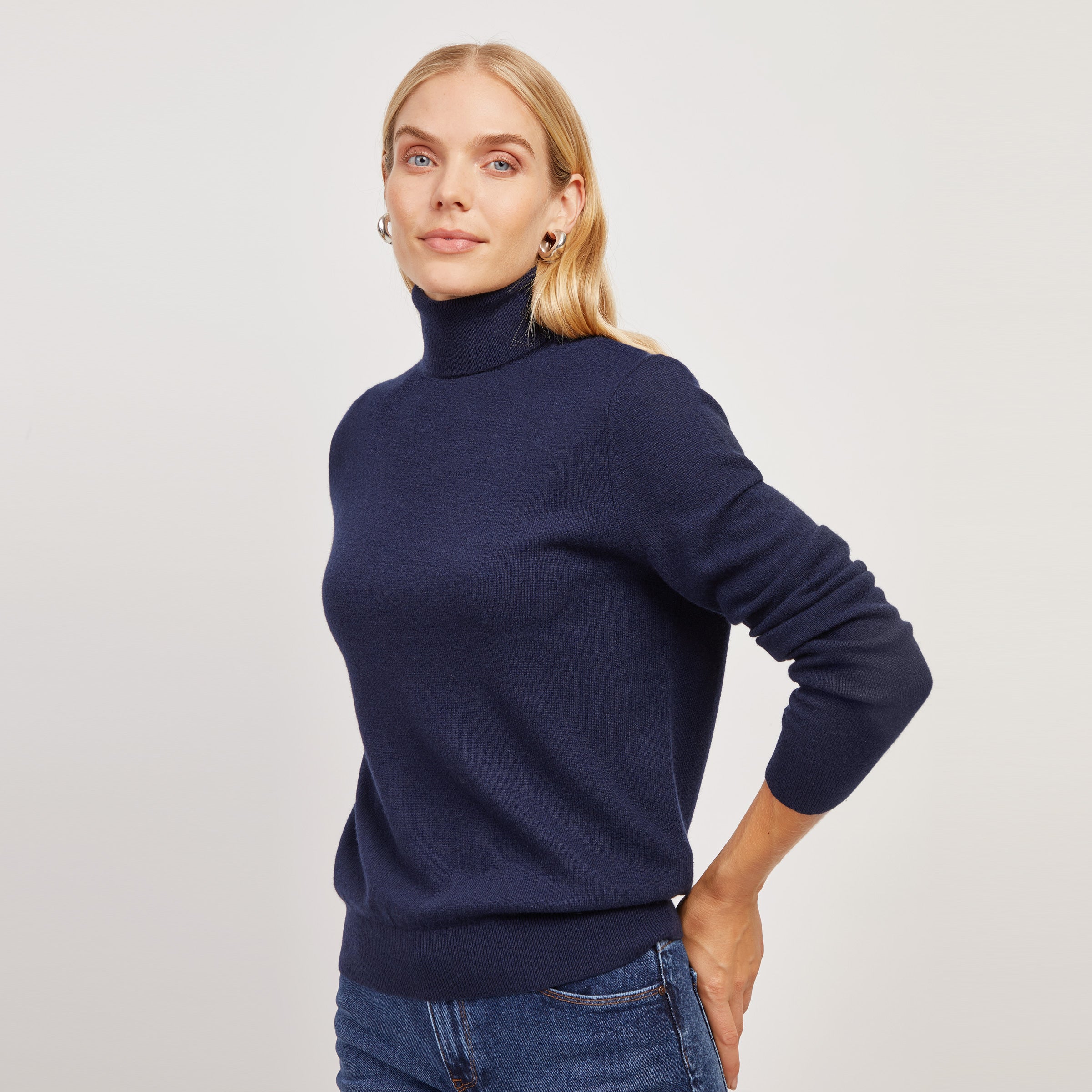 Women wearing Navy The Cashmere Turtleneck Willow Sweater