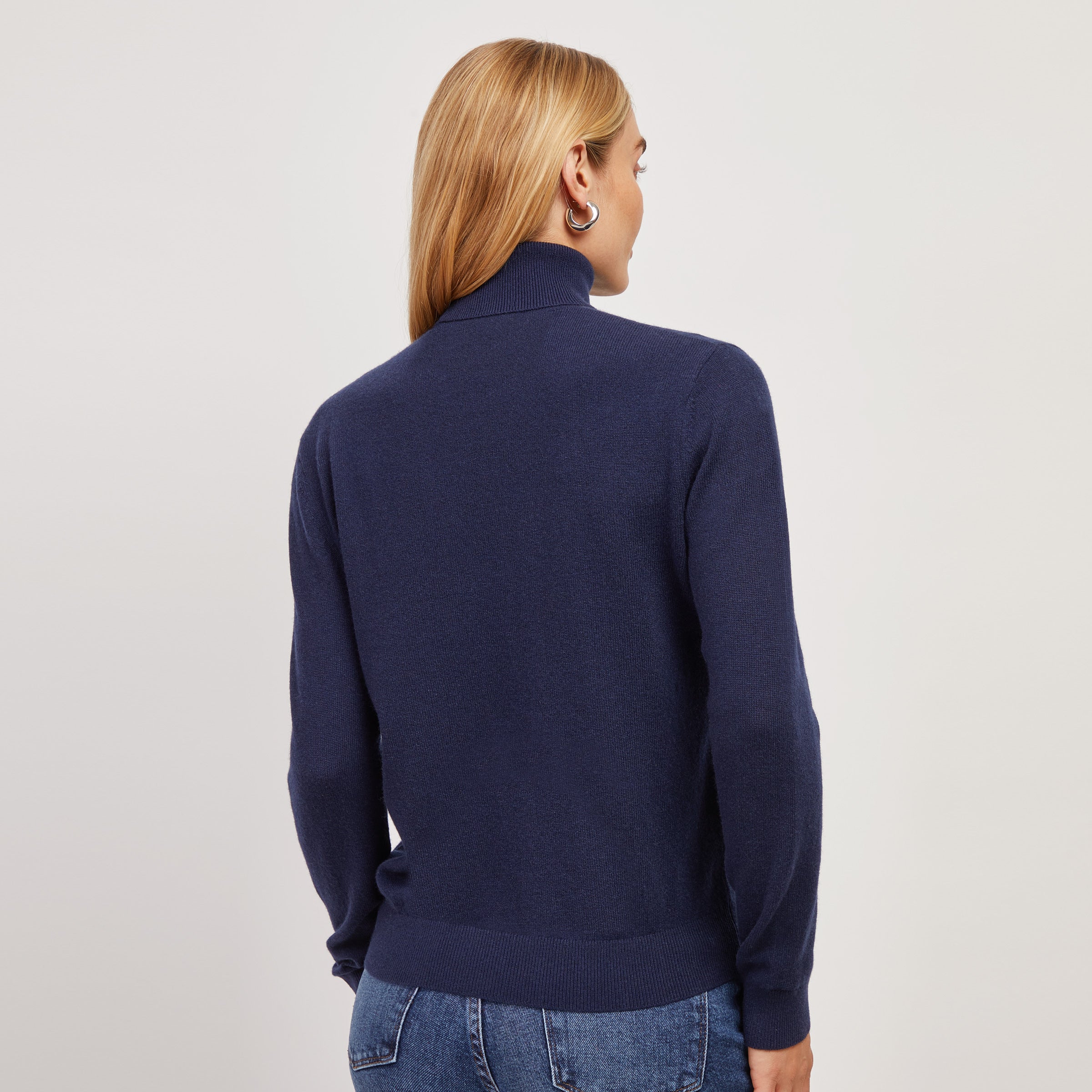 Women wearing Navy Cashmere Turtleneck Willow Sweater