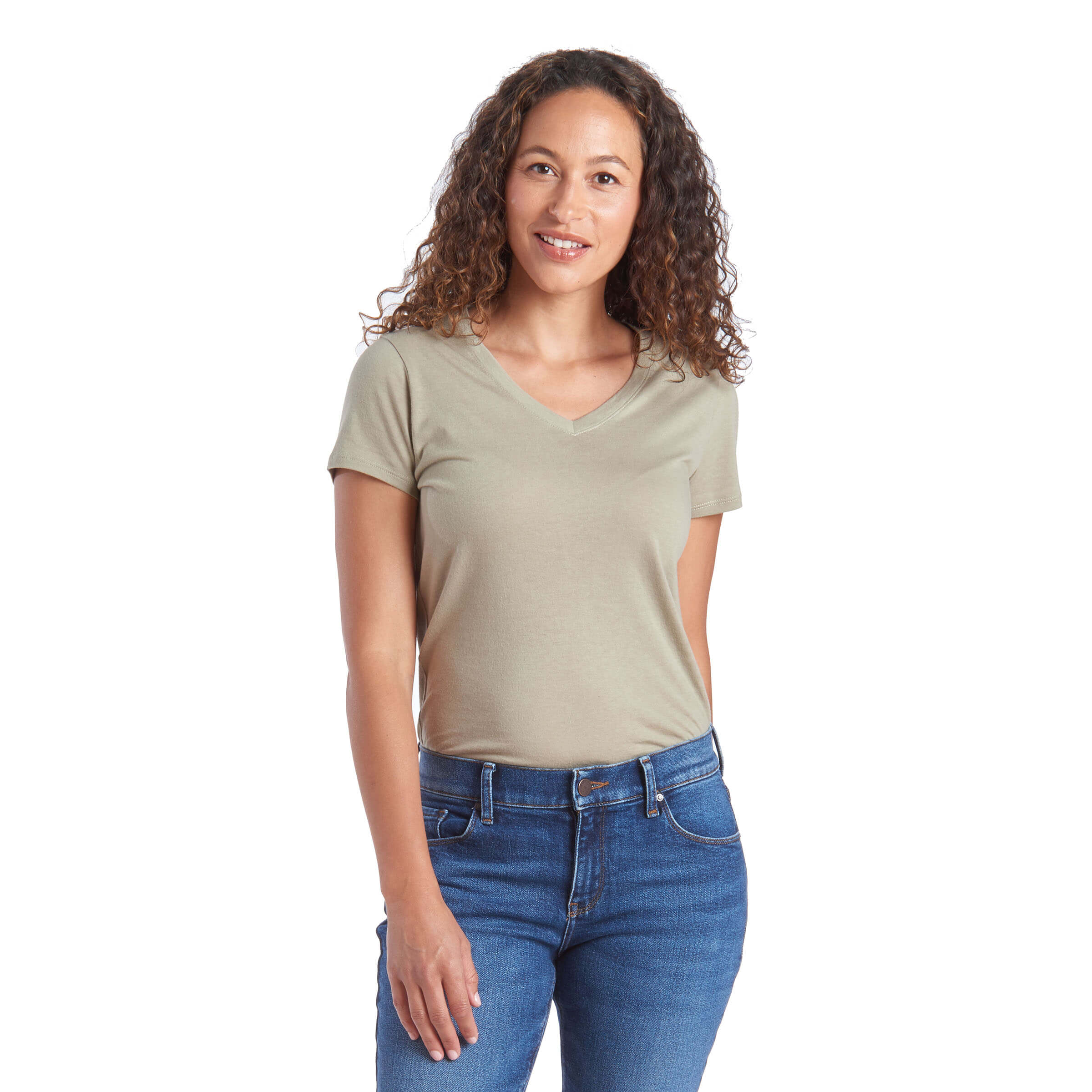 Women wearing Verde oliva Fitted V-Neck Marcy Tee