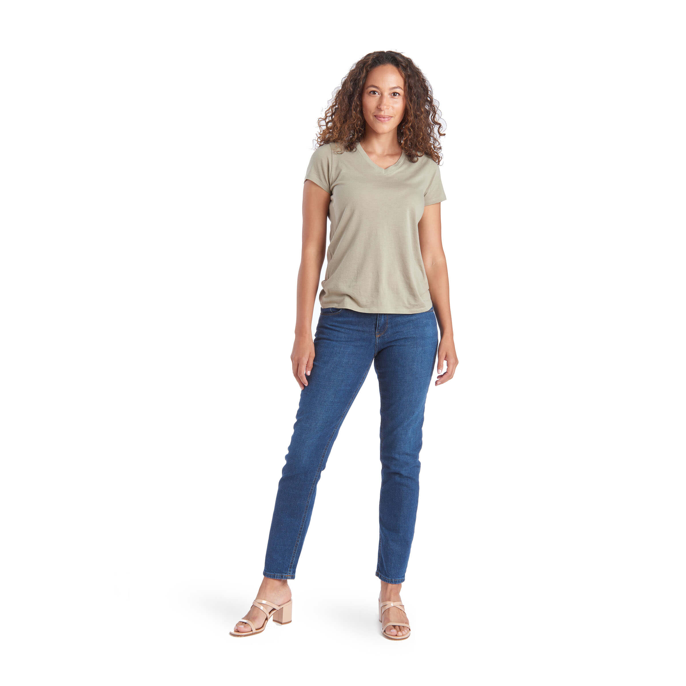 Women wearing Verde oliva Fitted V-Neck Marcy Tee