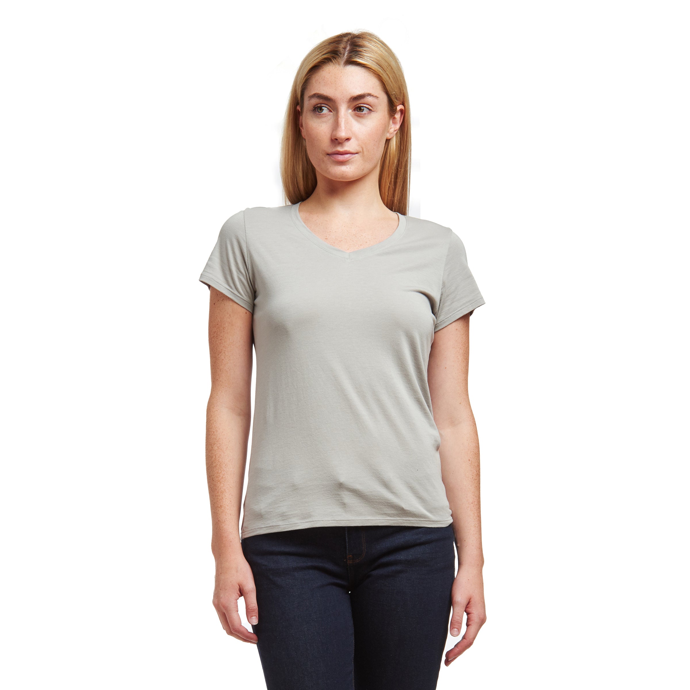 Women wearing Light Gray Fitted V-Neck Marcy Tee