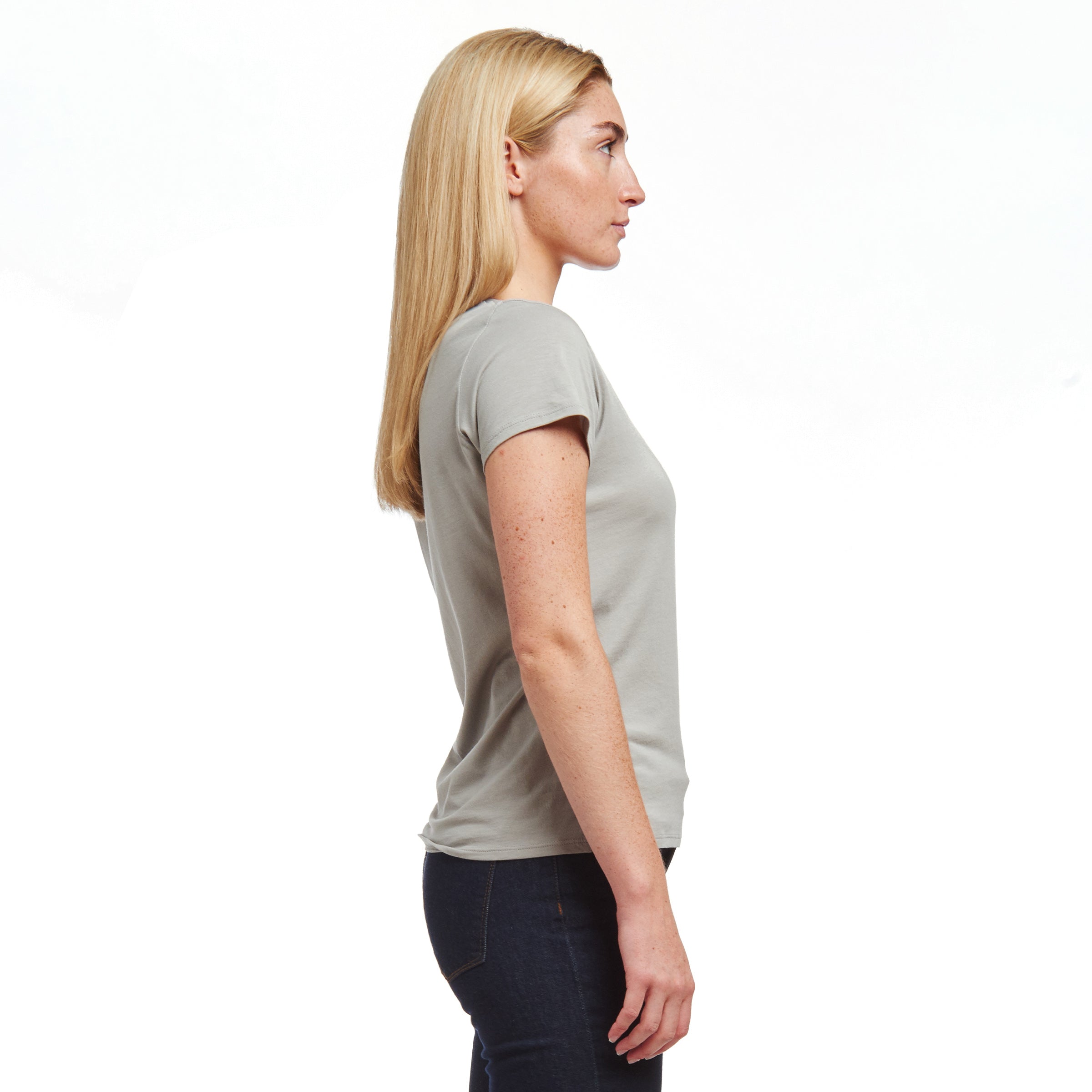 Women wearing Light Gray Fitted V-Neck Marcy Tee