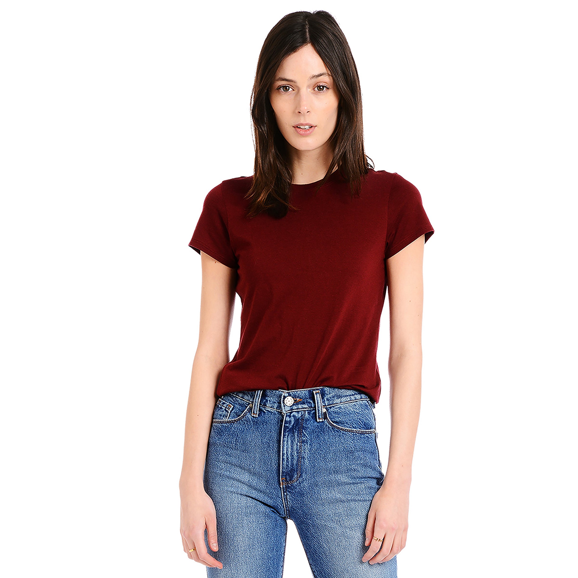 Women wearing Crimson Fitted Crew Marcy Tee