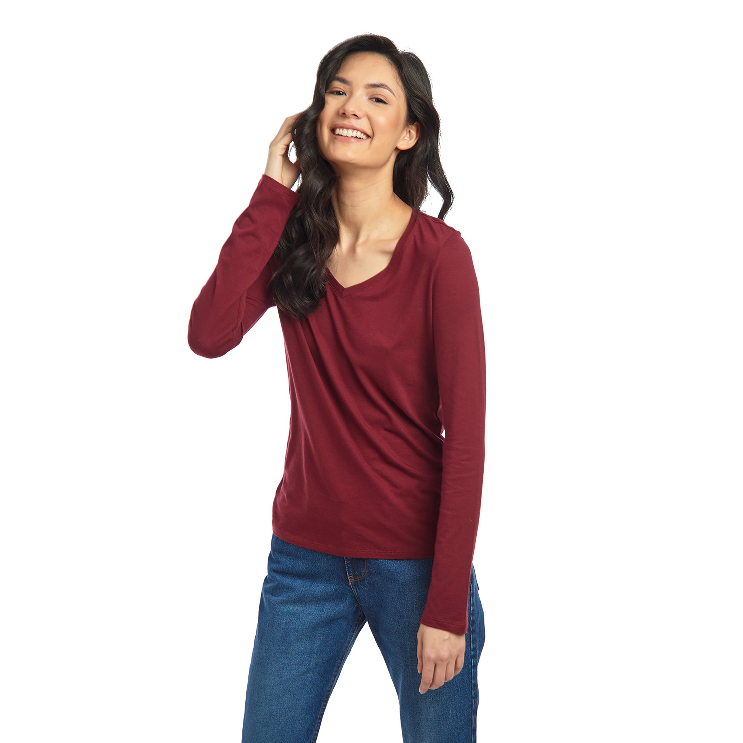 Women wearing Carmesí Long Sleeve V-Neck Tee Marcy