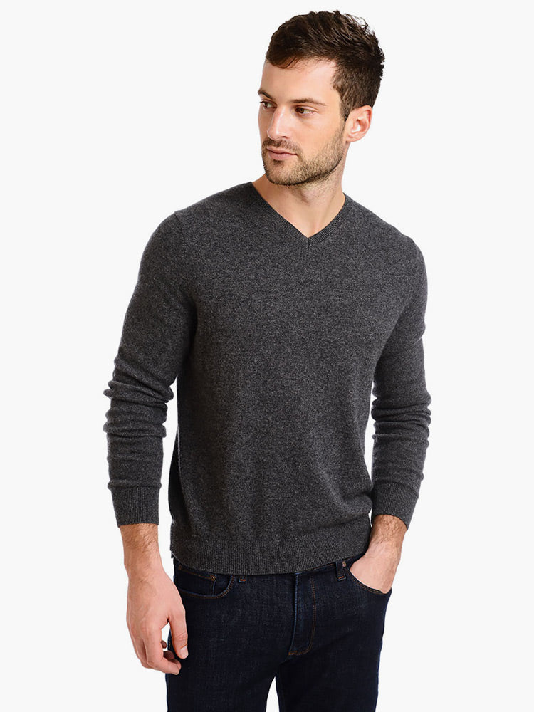 Charcoal Men's 100% Cashmere Long Sleeve Pullover V Neck Sweater