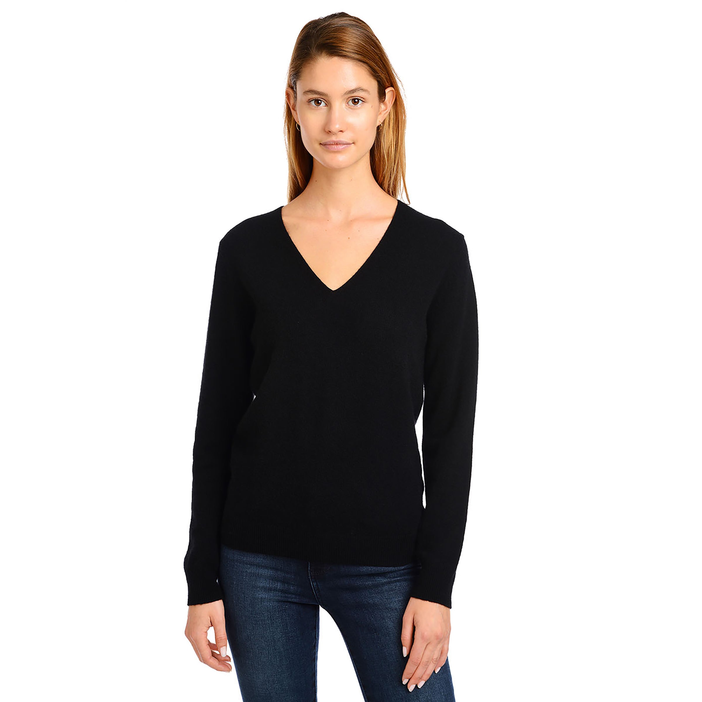 Women wearing Noir Cashmere V-Neck Willow Sweater